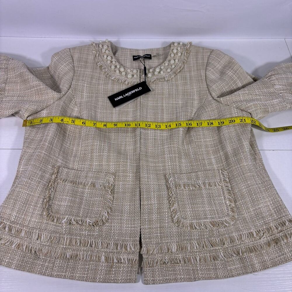 NWT Karl Lagerfeld Tweed Beige Bell Sleeve Women's Blazer Pearl Trim Size 14W C1 - Picture 5 of 9